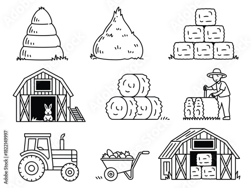 A collection of farm related line art illustrations including hay bales and a barn