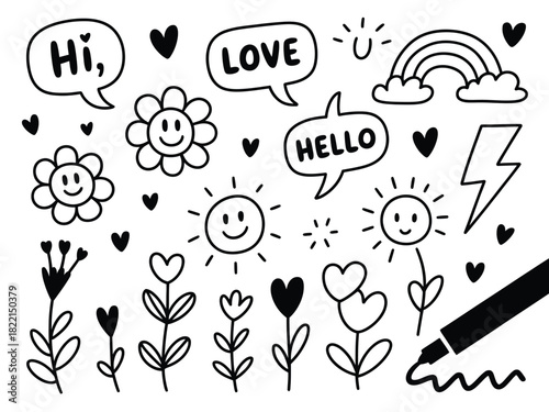 Black and white doodle art with speech bubbles flowers suns and other elements