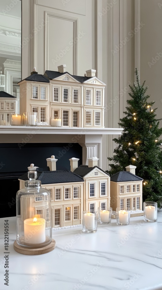 Naklejka premium White wooden houses and Christmas trees adorn the fireplace, illuminated by warm candle lights. Green pine boughs enhance the festive atmosphere, creating a cozy holiday setting