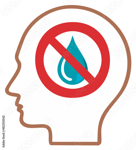 Human head outline with forbidden water drop symbol signifying dry ideas dehydration or mental block