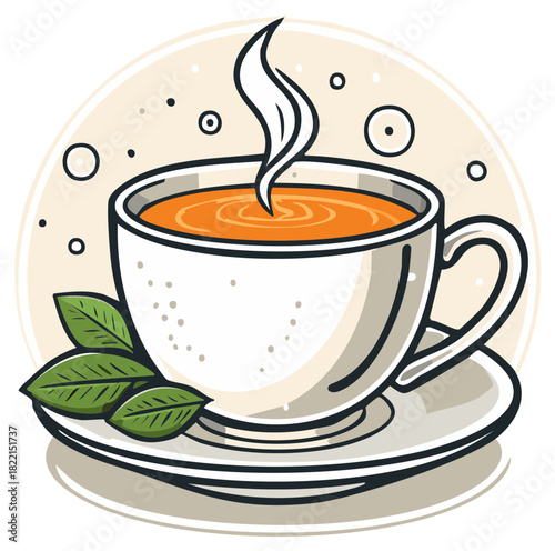 Steaming Tea Illustration in White Cup with Leaves on Saucer Cartoon