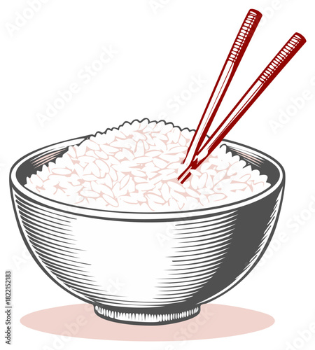 Traditional Asian Rice Bowl with Chopsticks Engraving Style Illustration