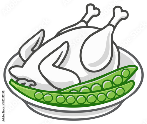 Cartoon raw whole chicken with fresh green pea pods on a plate vector illustration