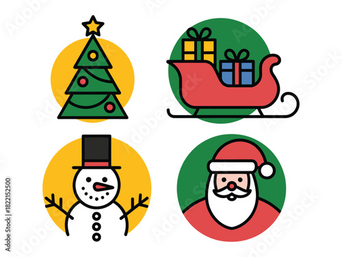 A christmas themed illustration featuring a tree, sleigh, snowman and santa claus