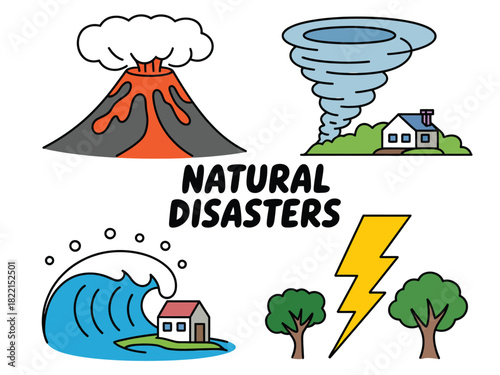 Illustration of natural disasters including volcano tornado tsunami and lightning