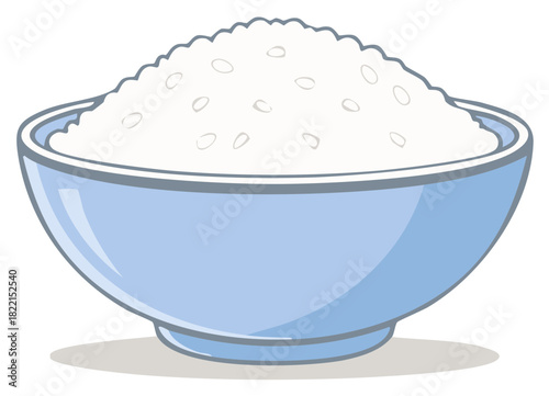 Stylized Blue Bowl Overflowing with Cooked White Rice Vector Illustration