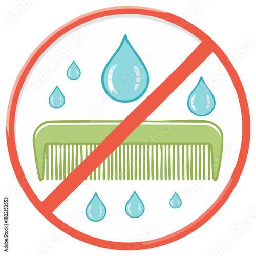 Do not wet hair comb concept symbol, prohibition of wet hair care