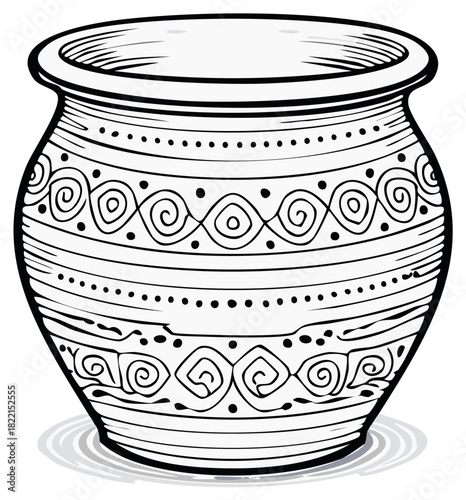 Hand drawn ancient ceramic pot with traditional ethnic ornamental patterns