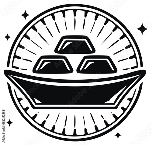 Ship full of gold bars with radiating lines and stars