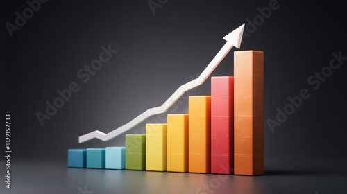 Gráfico de barras coloridas com seta ascendente, representando crescimento, progresso financeiro, metas atingidas, sucesso corporativo e desempenho positivo