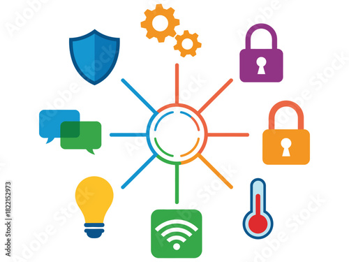 Illustration of smart home automation with icons representing various functions