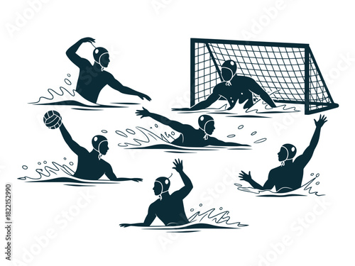 Illustration of water polo players in action with a goal net in the background