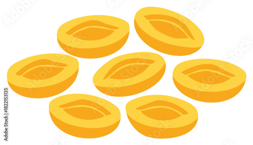 Seven Sliced Yellow Apricots in a Scattered Arrangement