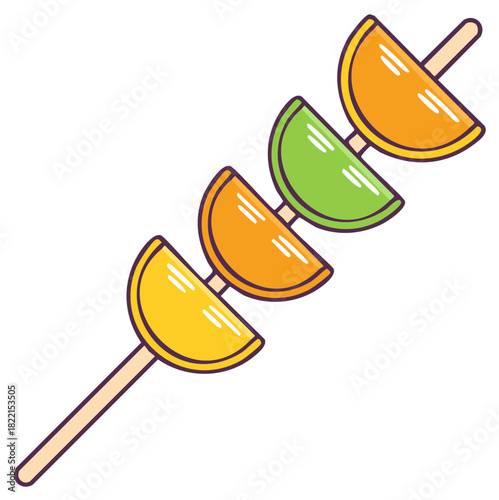 Colorful cartoon fruit kebab with fresh orange, lime, and lemon wedges on a stick, sweet food, summer treat