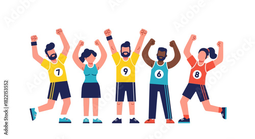 Group of diverse people celebrating a victory with arms raised in the air, joyful.