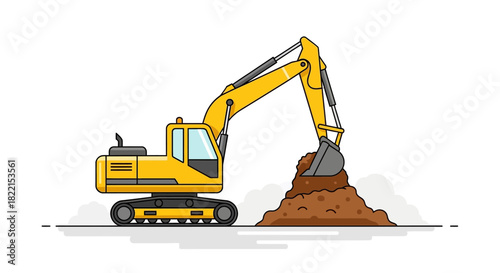 Yellow crawler excavator digging a large pile of dirt, isolated vector illustration.