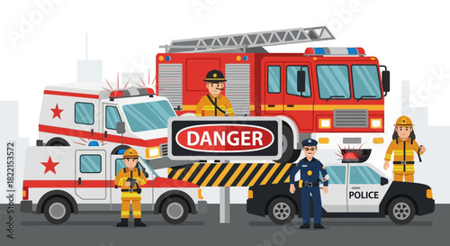 Emergency services illustration with fire truck, ambulances, police car, and personnel.