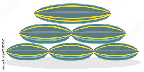 Abstract stacked oval shapes with teal blue, gray, and yellow stripes in a pyramid formation