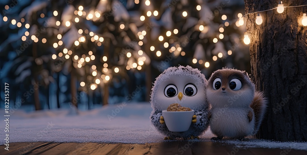 Naklejka premium In a warm cave surrounded by snow-covered trees, a cute owl sips coffee with cookies while a curious squirrel watches eagerly. The atmosphere radiates comfort and delight.