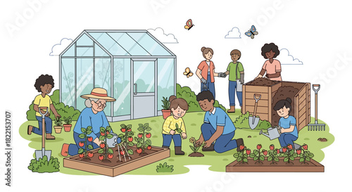 A vibrant illustration depicts a community garden with people of diverse ages tending to plants and flowers.
