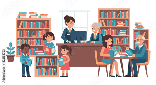 Illustration of people reading in a library with bookshelves and librarians.