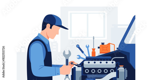 Male auto mechanic in a blue uniform and cap repairing a car engine with a wrench in a workshop.