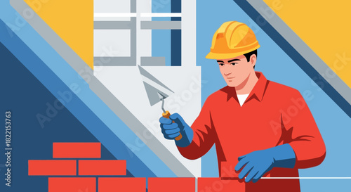 A construction worker in a hard hat and gloves laying bricks with a trowel.