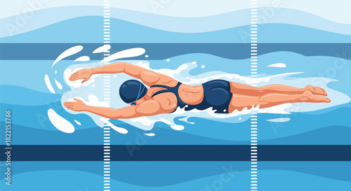 An overhead view of a swimmer performing the freestyle stroke in a blue swimming pool with lane lines, creating water splashes.