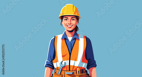 Smiling female construction worker in hard hat and safety vest.