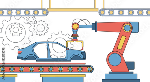 Automated car manufacturing process with robotic arm and conveyor belt in a factory.