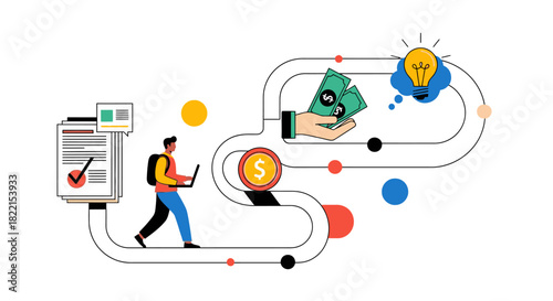 Illustration depicting a person using a laptop, leading to financial transactions and ideas.