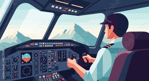 Pilot in cockpit flying over mountains, vector illustration.
