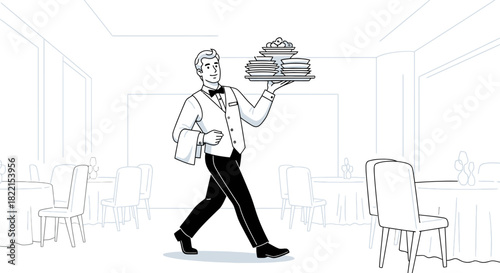 Waiter walking through a cafe carrying a tiered cake for customers.