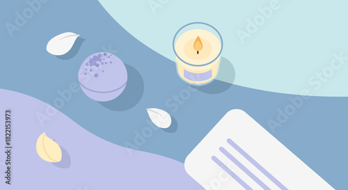An overhead view of a relaxing spa scene with a lit candle, a bath bomb, and petals on a colorful background.