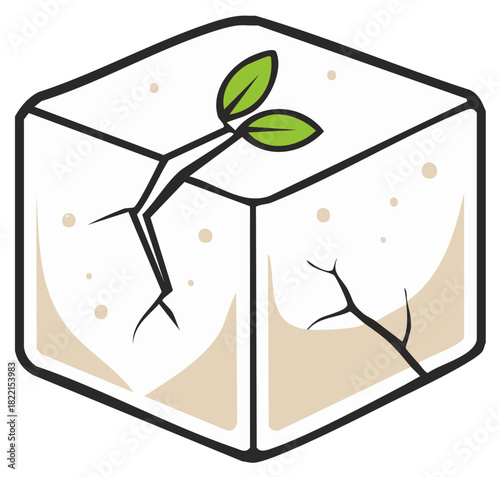 Cubical Block with a Sprout, Cracks, and Natural Elements Representing Concept Art
