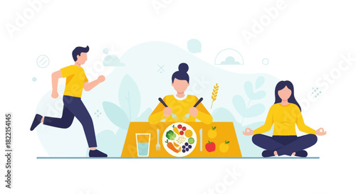 Healthy lifestyle concept showing a man running, a woman eating a balanced meal, and another woman meditating.
