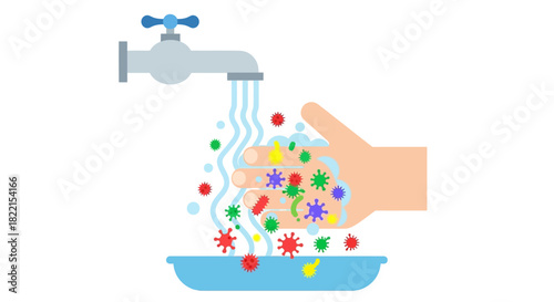 Illustration of a hand being washed under a tap, with soap and water removing colorful germs and viruses into a basin, symbolizing hygiene and health.