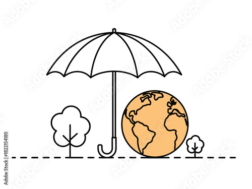 Illustration of an umbrella protecting the earth globe with trees around it