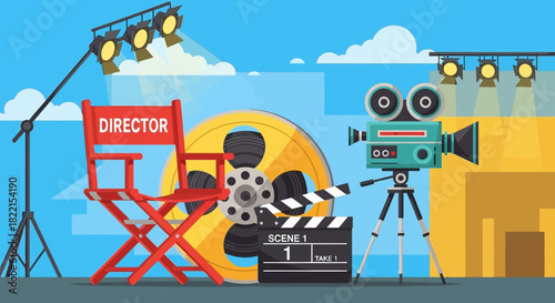 A vibrant illustration of a movie set, featuring a director's chair, film reel, and clapperboard.