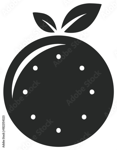 Stylized monochromatic citrus fruit icon with leaves and dotted texture minimalist digital illustration