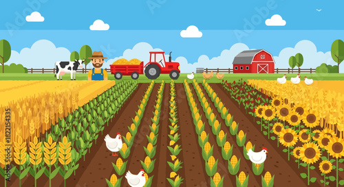 Sunny rural farm scene with cropped fields, barn, tractors, and blooming sunflowers under blue sky.