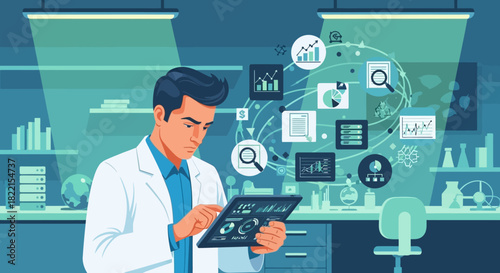 A scientist in a lab coat analyzing complex data and research findings on a digital tablet, surrounded by floating data visualization icons.