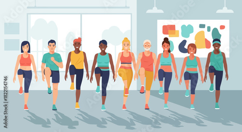 Group of diverse people in activewear doing a high-knee exercise in a fitness studio.