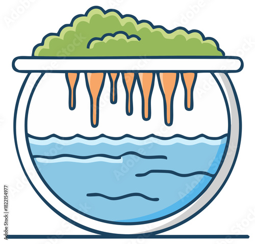 Illustration of a glass bowl filled with water with green moss and orange drips