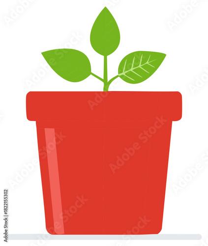 Vibrant red pot nurturing a small green seedling with leaves symbolizing growth and cultivation