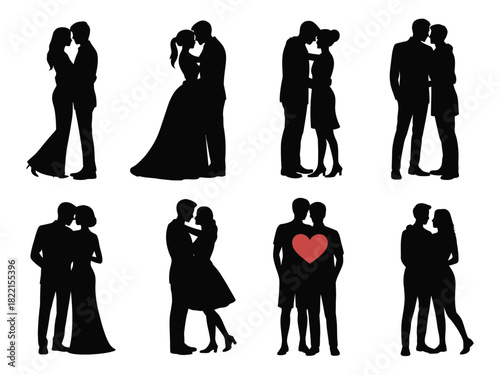 Collection of silhouette couples embracing in various poses on white background