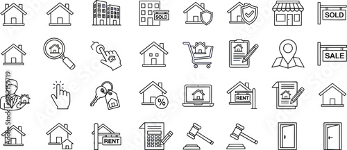 Real estate and property outline icons set for website and app
