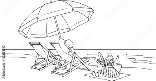 Beach Scene with Two Deck Chairs Under an Umbrella and a Picnic Basket
