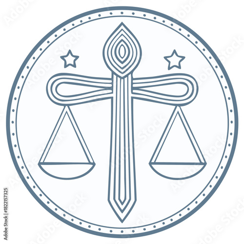 Elegant line art scales of justice in circular frame with stars representing law and equality