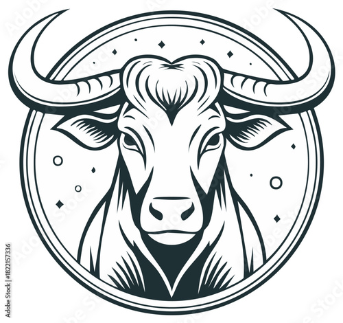 Stylized black and white bull head emblem with horns and circular frame